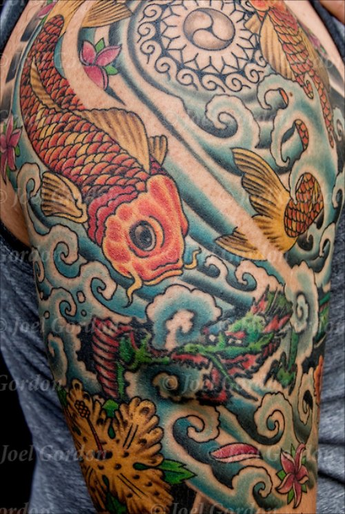 Colored Japanese Carp Fish Tattoo